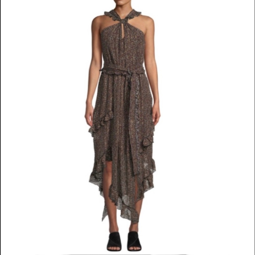 Maxi Dress by Derek Lam Asymmetrical Floral Ruffle Halter, Flowy Size 4 Black